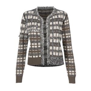 CAbi Brown and Cream Cardigan Sweater with Ribbed Trim